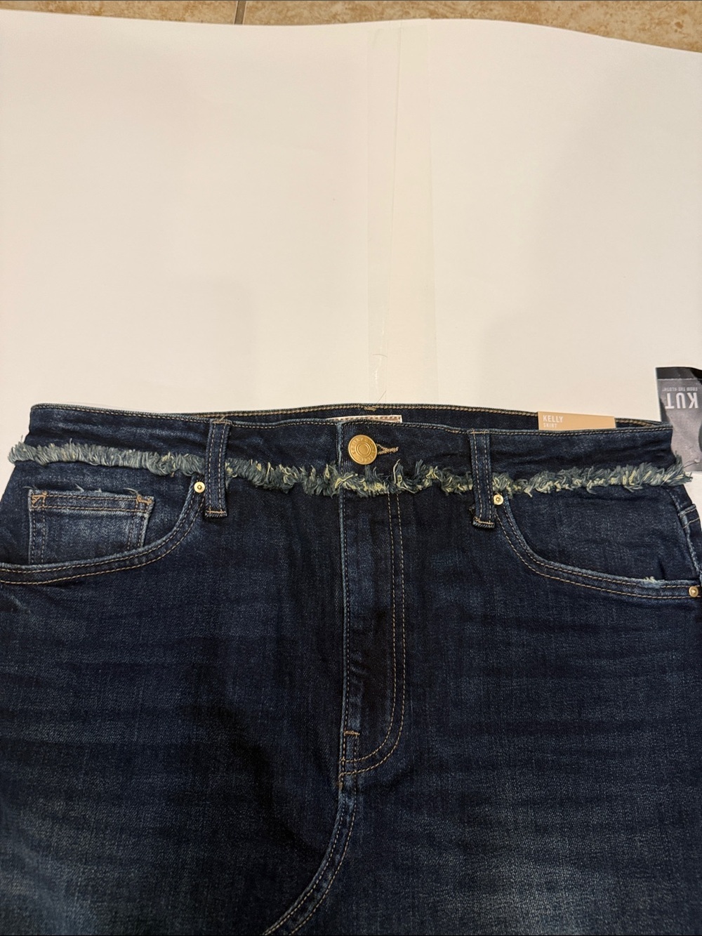 NWT KUT From The Kloth Kelly Denim Maxi Skirt Size 10 Raw Fringe Back High Slit - Picture 8 of 11